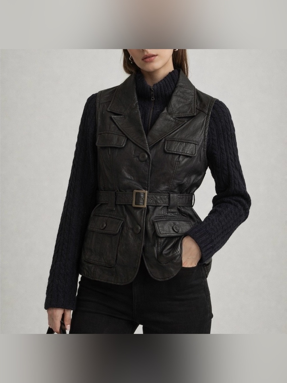 Vintage Y2K Leather Jacket with Buckle and Angora Detailing Black Women’s Sz M
